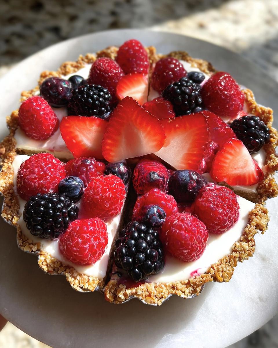 A close-up of a small tart cup filled with creamy yogurt and topped generously with fresh raspberries, blackberries, blueberries, and sliced strawberries, resembling Greek Yogurt Berry Tart Cups.