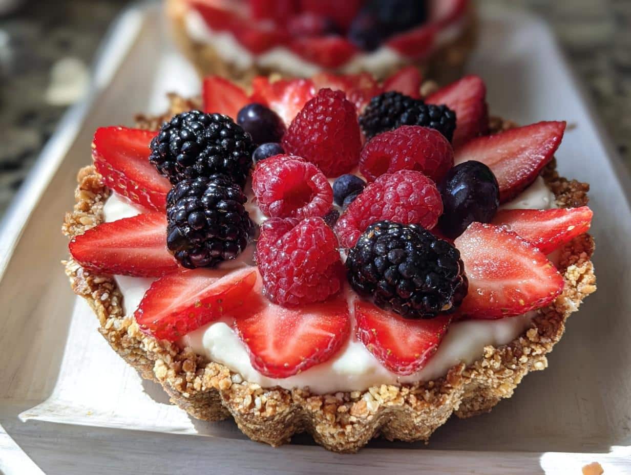 A close-up of a single Greek Yogurt Berry Tart Cup topped with fresh strawberries, raspberries, blackberries, and blueberries.
