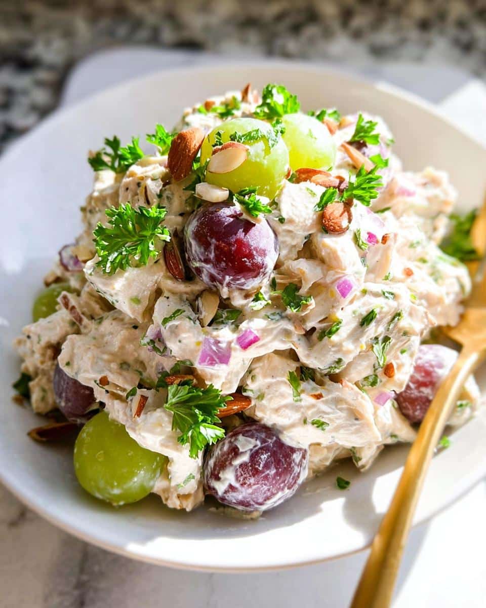 A scoop of creamy Greek Yogurt Chicken Salad mixed with red grapes, slivered almonds, and parsley.