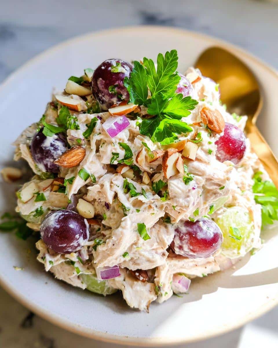 A scoop of creamy Greek Yogurt Chicken Salad mixed with red grapes, sliced almonds, and red onion, garnished with parsley.