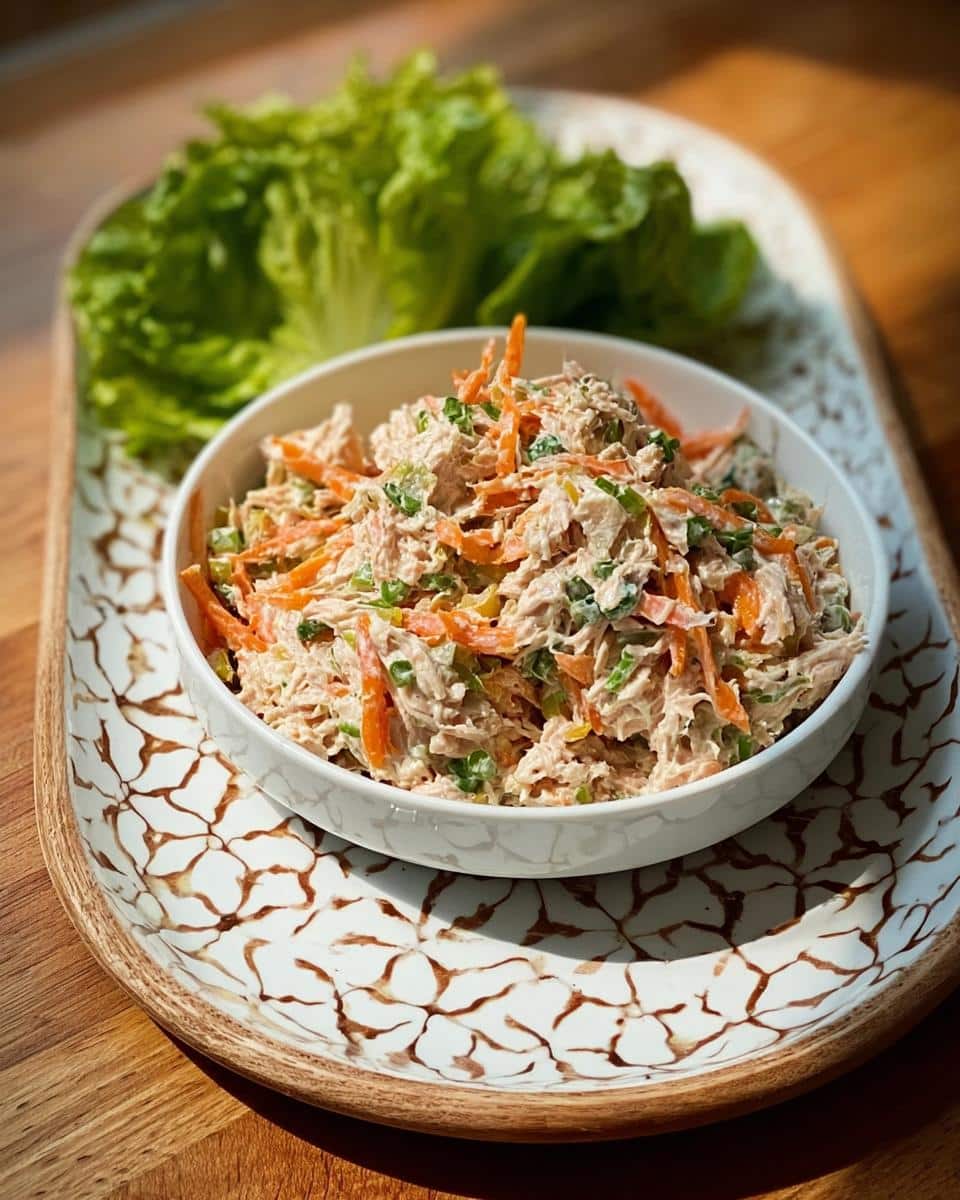 A white bowl filled with Greek Yogurt Tuna Bowl mixed with shredded carrots and green onions, served with lettuce cups.