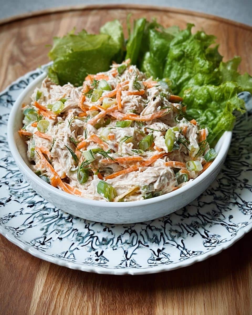 A white bowl filled with Greek Yogurt Tuna Bowl salad, mixed with shredded carrots and green onions, served with lettuce cups.