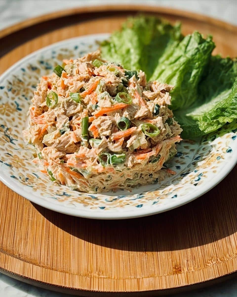 A scoop of Greek Yogurt Tuna Bowl mix with shredded carrots and green onions, served on a patterned plate with lettuce cups.
