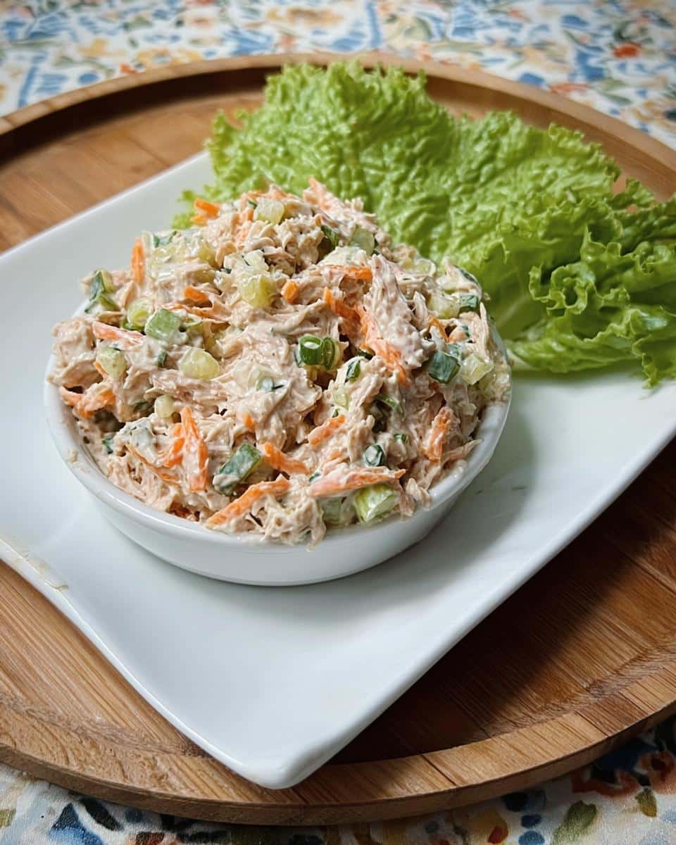 A small white bowl filled with Greek Yogurt Tuna Bowl salad, mixed with shredded carrots and celery, served with lettuce cups.