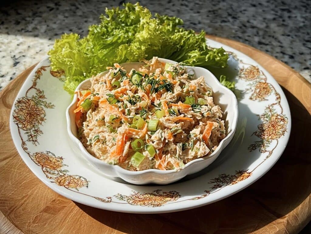 A white bowl filled with Greek Yogurt Tuna Bowl mixture, topped with carrots and green onions, served with lettuce.