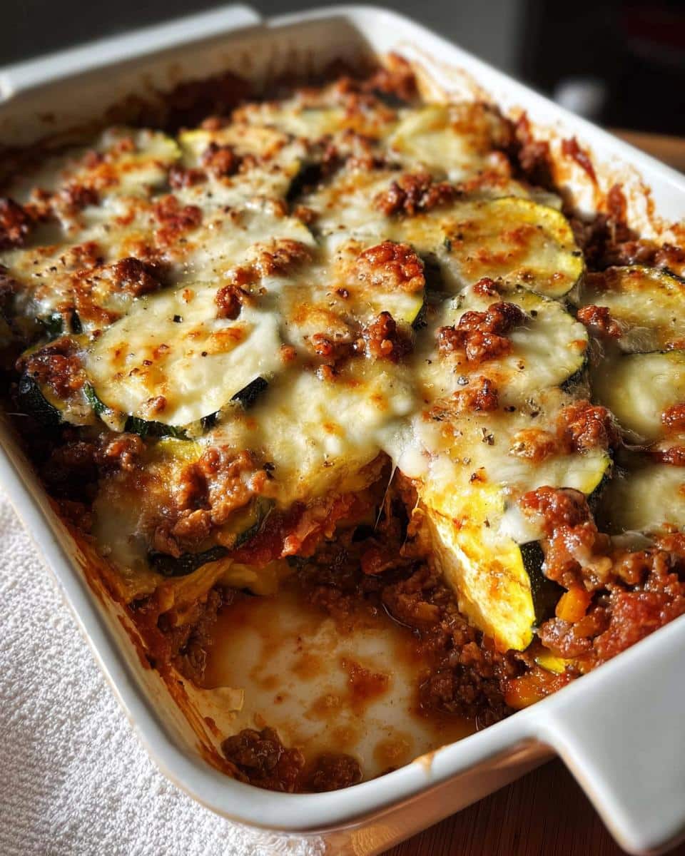 A freshly baked Ground Beef & Zucchini Casserole in a white dish, showing layers of meat sauce, zucchini slices, and melted, browned cheese.