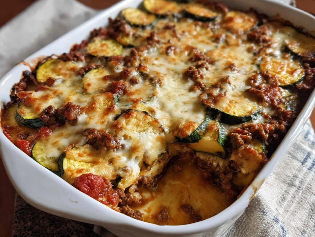 A close-up of a freshly baked Ground Beef & Zucchini Casserole topped with melted, bubbly cheese in a white baking dish.