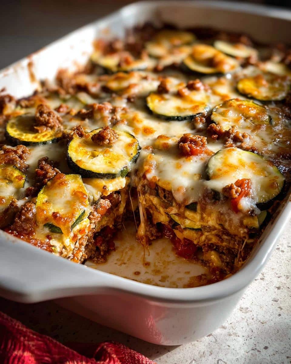 A close-up of a baked Ground Beef & Zucchini Casserole showing melted cheese and layers.