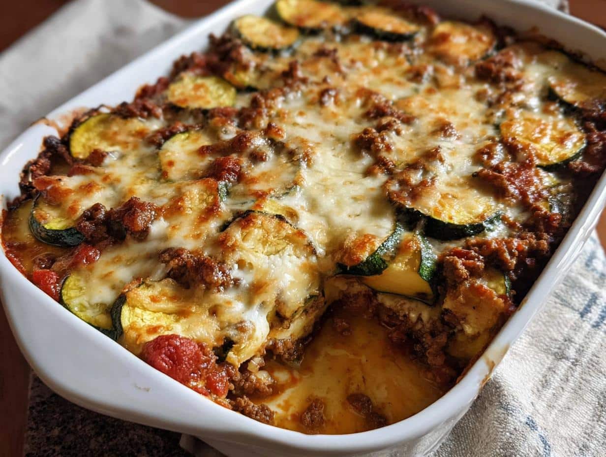 A close-up of a freshly baked Ground Beef & Zucchini Casserole topped with melted, bubbly cheese in a white baking dish.