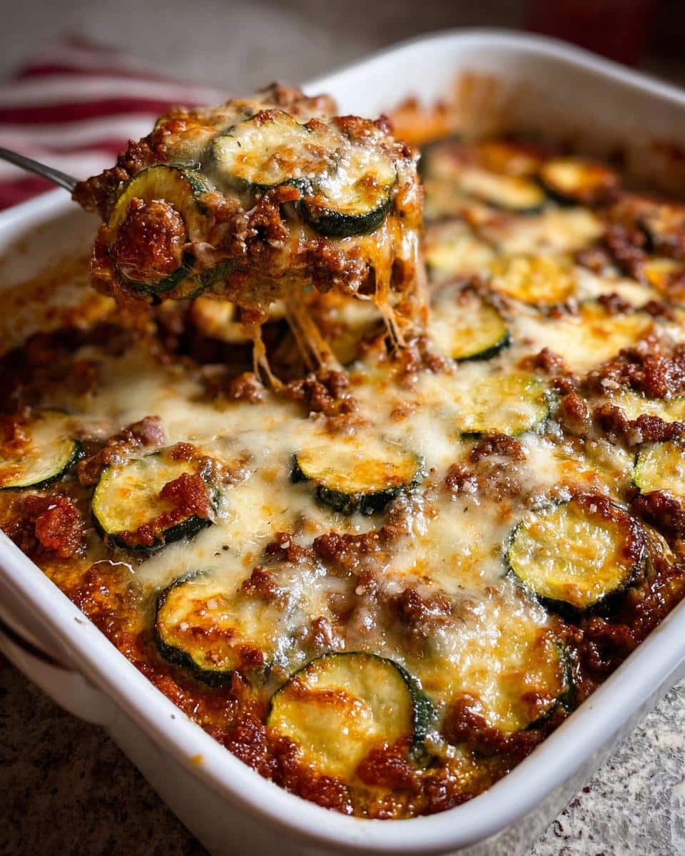 A spoonful of cheesy Ground Beef & Zucchini Casserole being lifted from a white baking dish, showing melted cheese pull.
