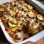 A close-up of a baked Ground Beef & Zucchini Casserole in a white dish with melted, bubbly cheese.