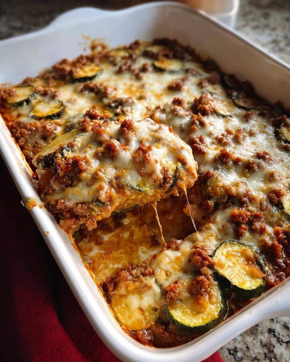 A scoop being lifted from a baked Ground Beef & Zucchini Casserole, showing melted cheese pull.