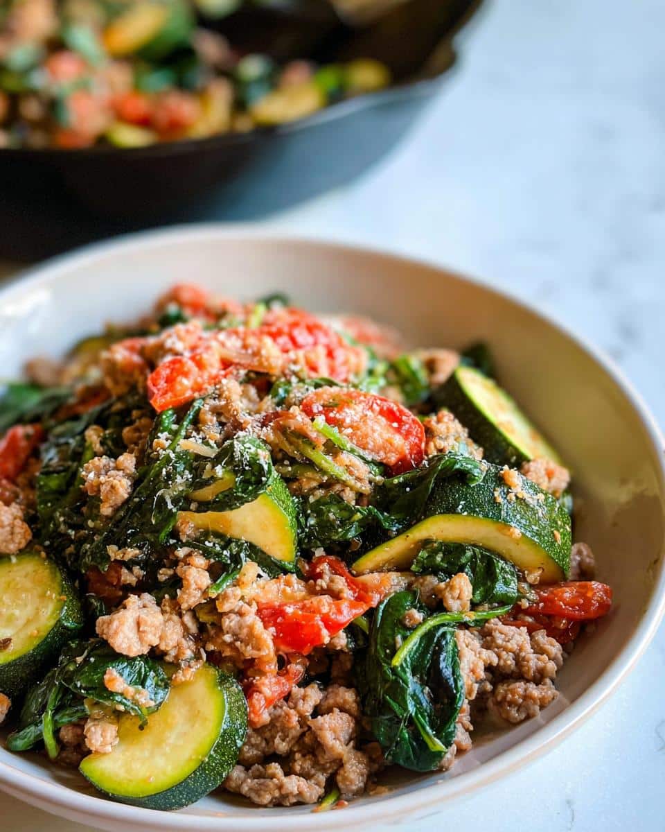 A close-up bowl of Ground Turkey & Veggie Skillet Lunch with zucchini, spinach, and tomatoes, topped with cheese.
