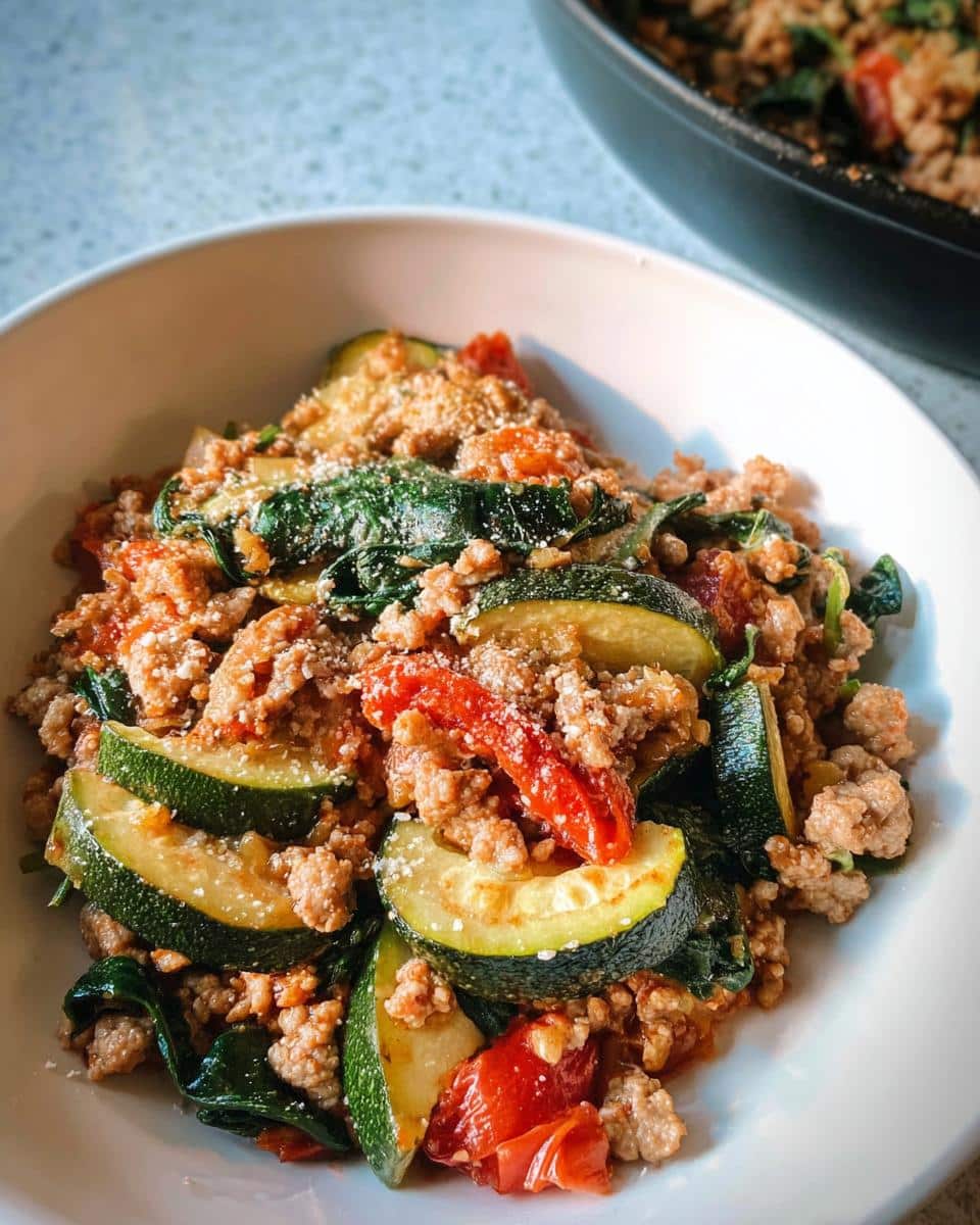A close-up of a serving of Ground Turkey & Veggie Skillet Lunch featuring ground turkey, zucchini slices, spinach, and tomatoes, topped with cheese.
