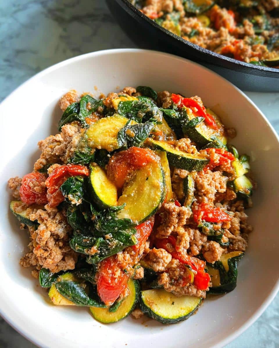 A white bowl filled with Ground Turkey & Veggie Skillet Lunch featuring ground turkey, zucchini slices, and tomatoes.