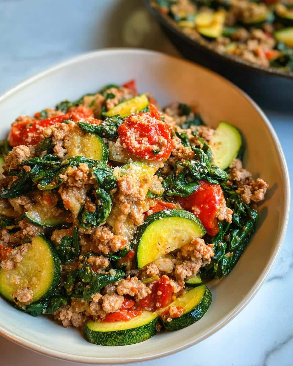 A close-up of a serving of Ground Turkey & Veggie Skillet Lunch featuring ground turkey, sliced zucchini, spinach, and tomatoes.