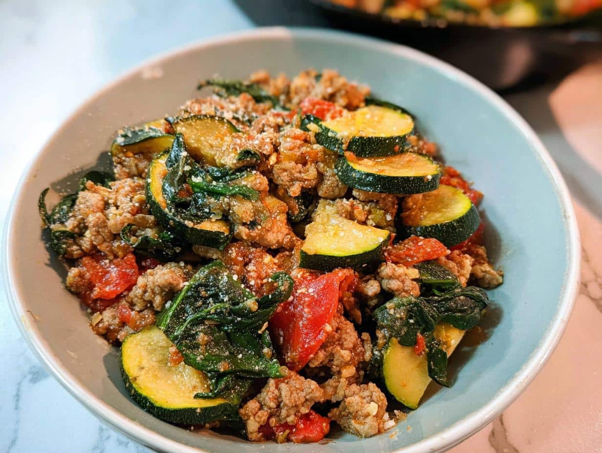 A close-up of a serving of Ground Turkey & Veggie Skillet Lunch with zucchini, tomatoes, and spinach.