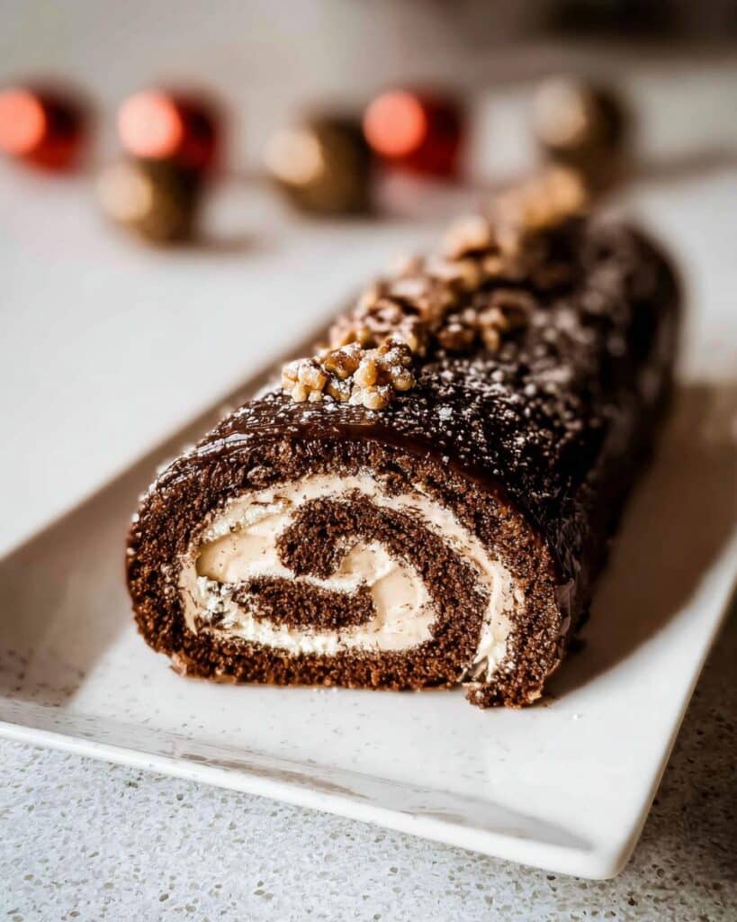 A cross-section view of a rich chocolate Hazelnut Praline Yule Log Roll, filled with cream and topped with walnuts.