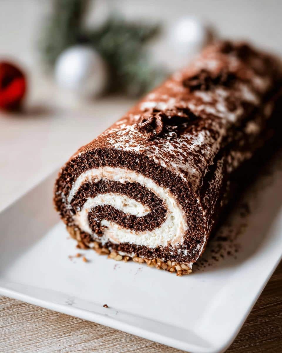 Close-up of a Hazelnut Praline Yule Log Roll showing the chocolate cake swirl and cream filling, dusted with cocoa.