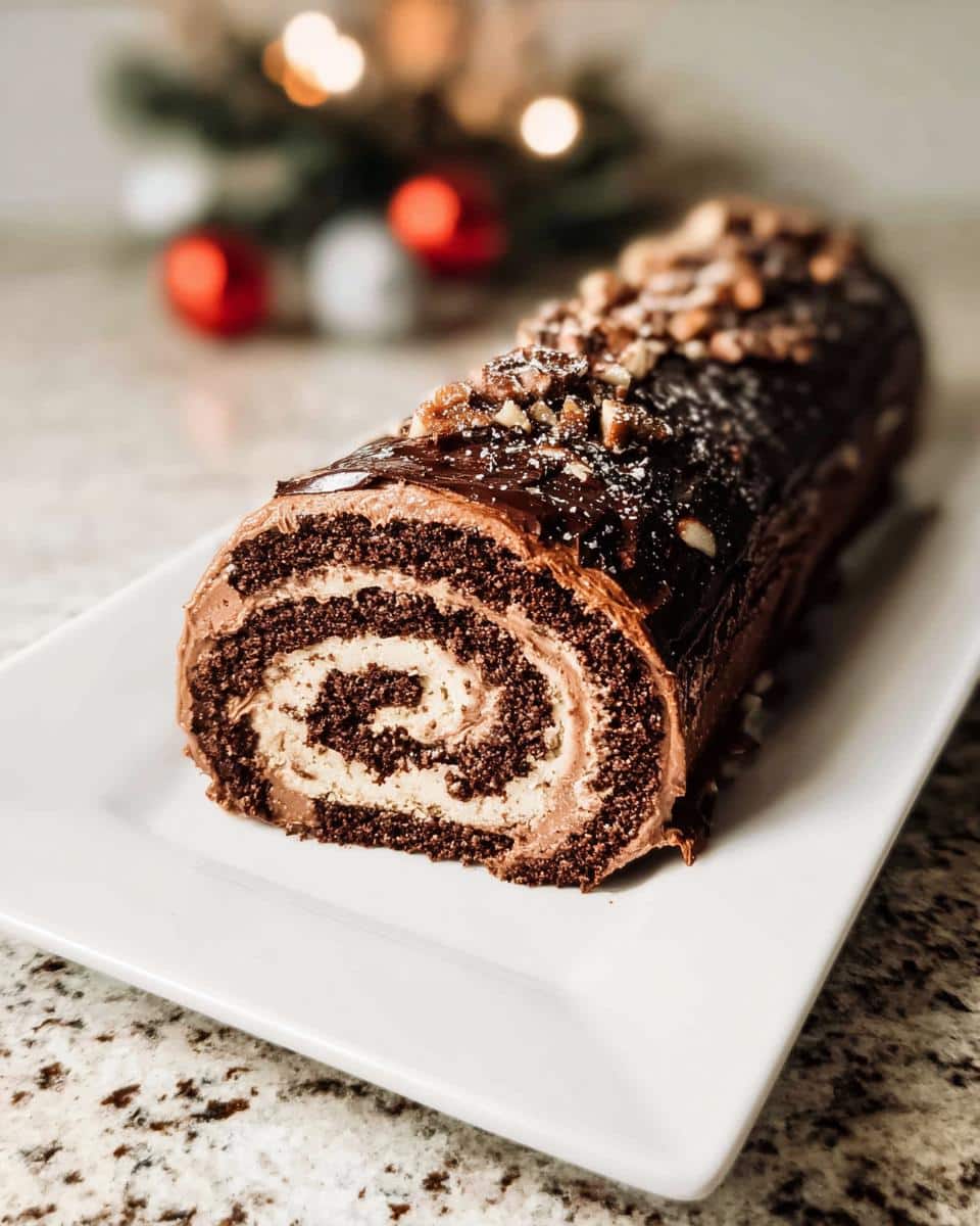 Cross-section of a rich chocolate Hazelnut Praline Yule Log Roll showing the swirl of cake and cream filling.