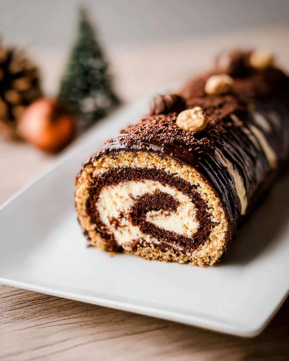 Close-up of a slice of Hazelnut Praline Yule Log Roll showing the chocolate sponge swirl and cream filling.