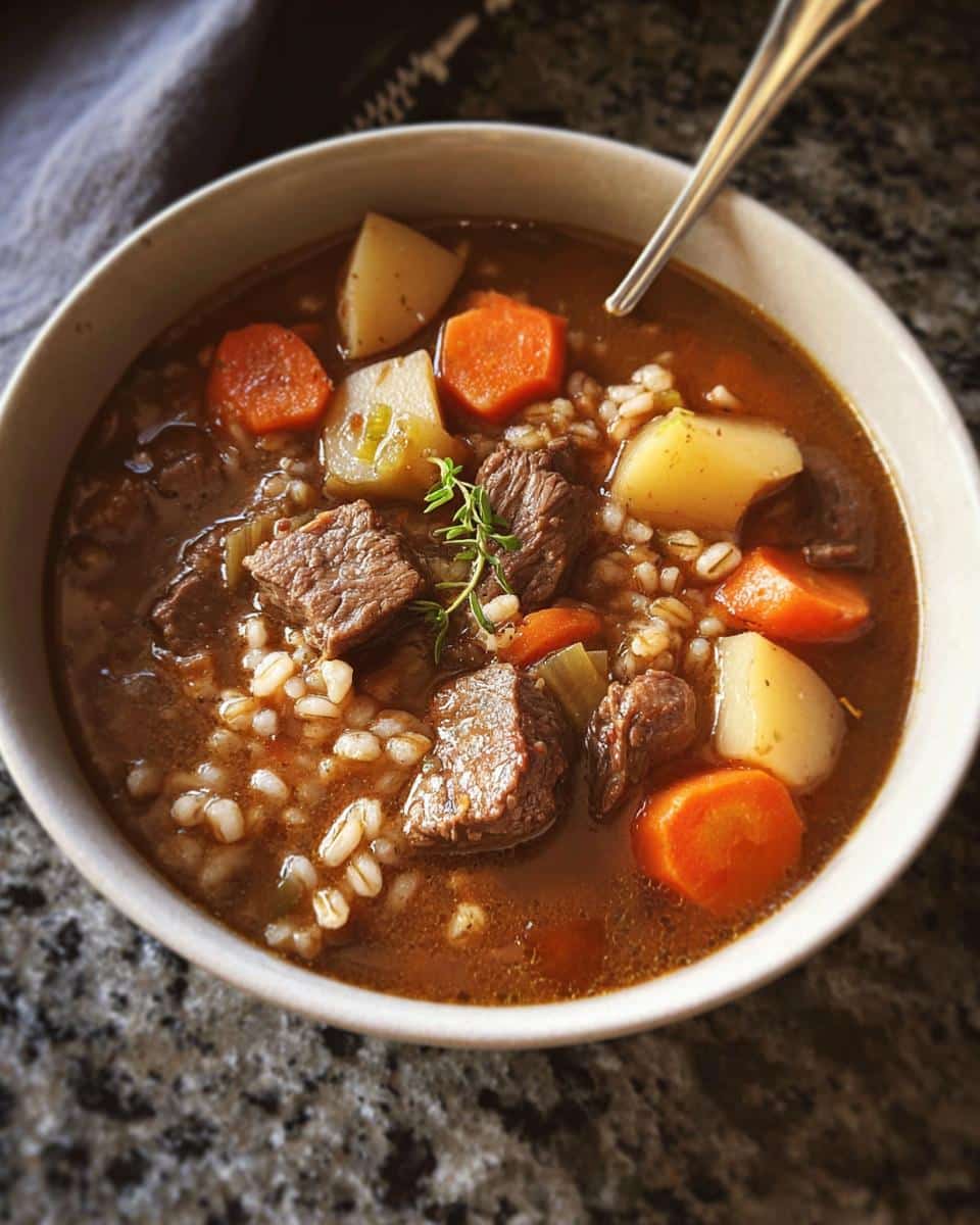 A close-up of a hearty bowl of Beef & Barley Soup filled with chunks of beef, carrots, potatoes, and barley.