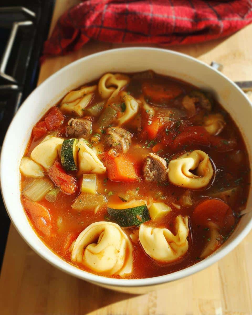 A close-up bowl of Hearty Sausage Tortellini Minestrone soup filled with tortellini, sausage chunks, carrots, and zucchini in a rich broth.