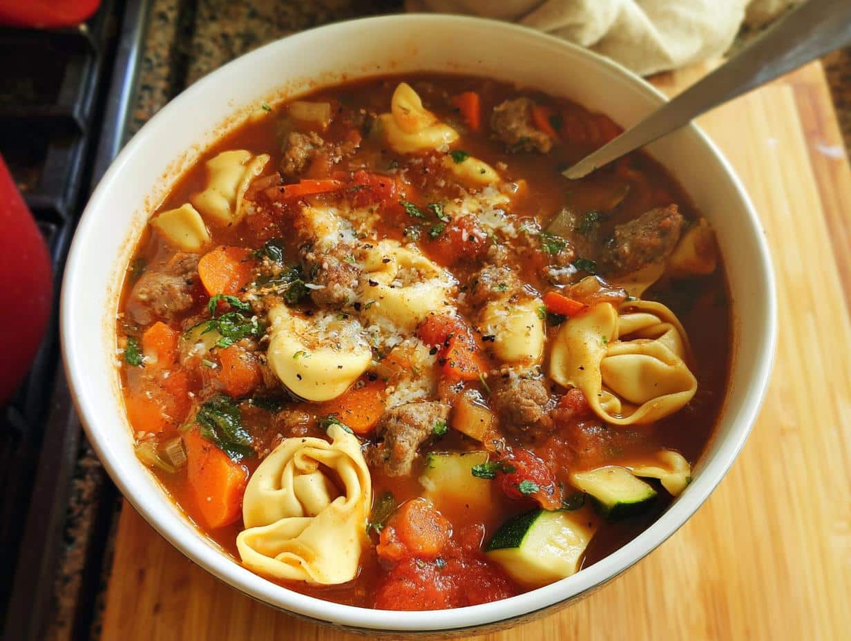 A close-up of a white bowl filled with Hearty Sausage Tortellini Minestrone soup, topped with cheese.