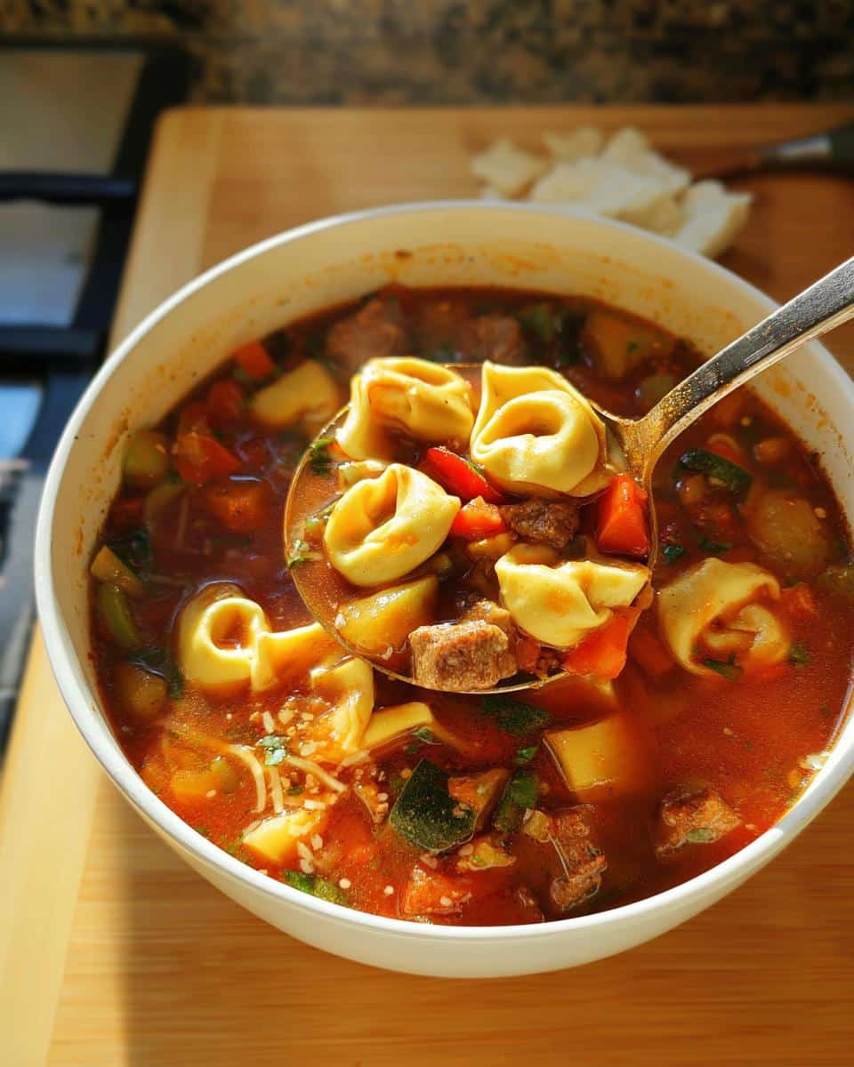 A ladle lifting tortellini, sausage, and vegetables out of a bowl of Hearty Sausage Tortellini Minestrone.