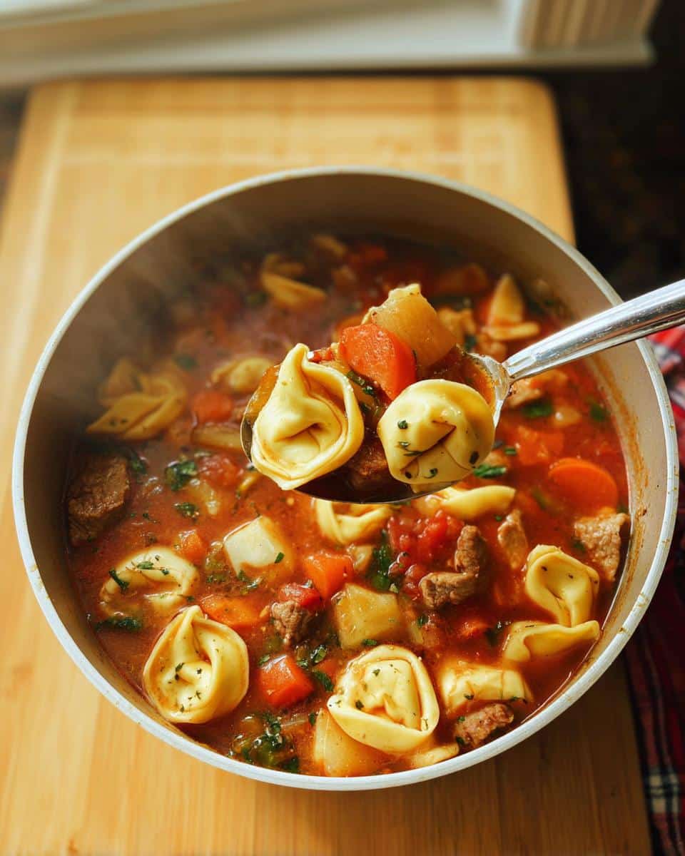 A ladle lifting steaming Hearty Sausage Tortellini Minestrone from a pot, showing tortellini, sausage chunks, carrots, and potatoes.