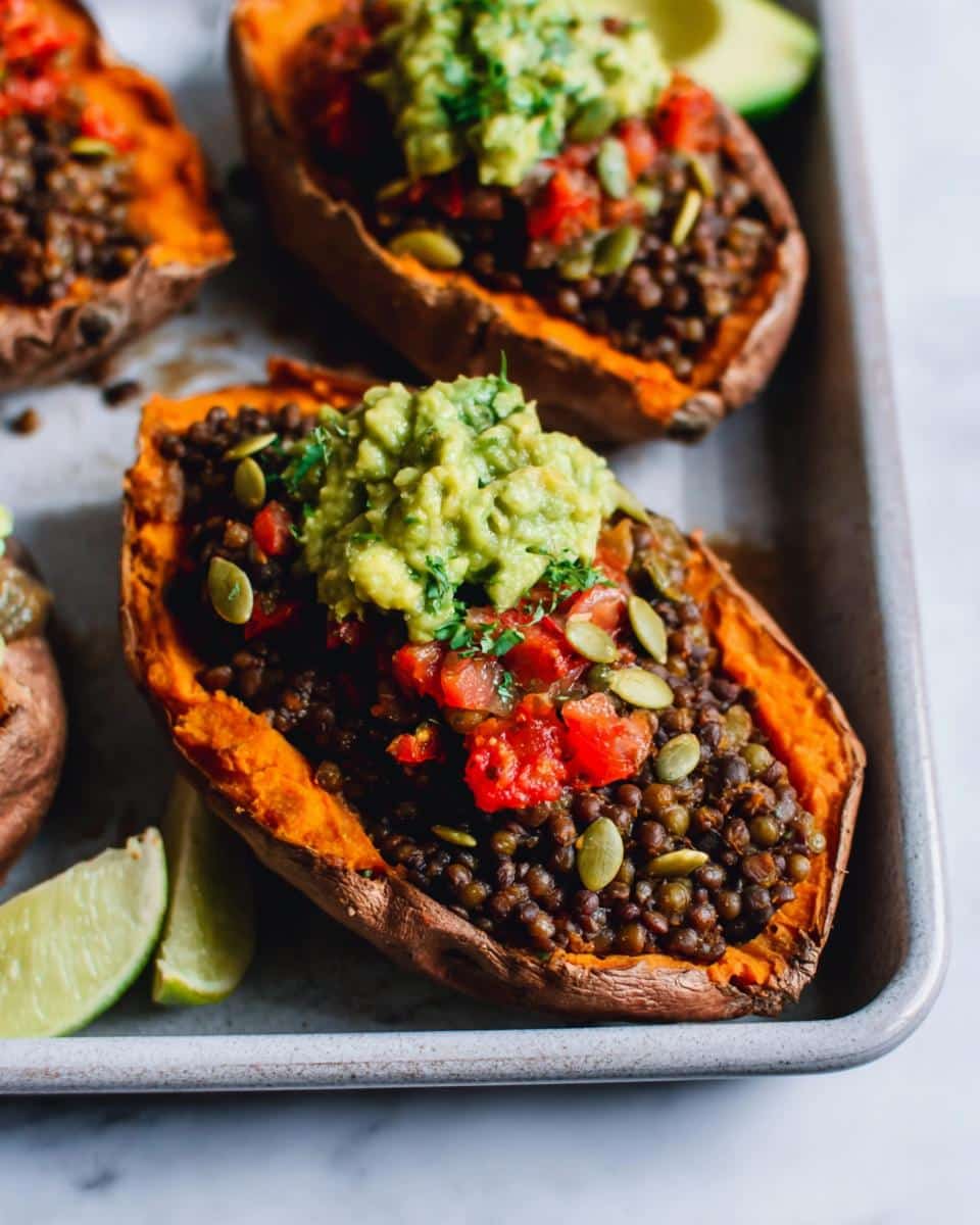 Close-up of a baked sweet potato stuffed with seasoned lentils, topped with salsa, guacamole, and pumpkin seeds for a High Protein Lentil Stuffed Sweet Potato.