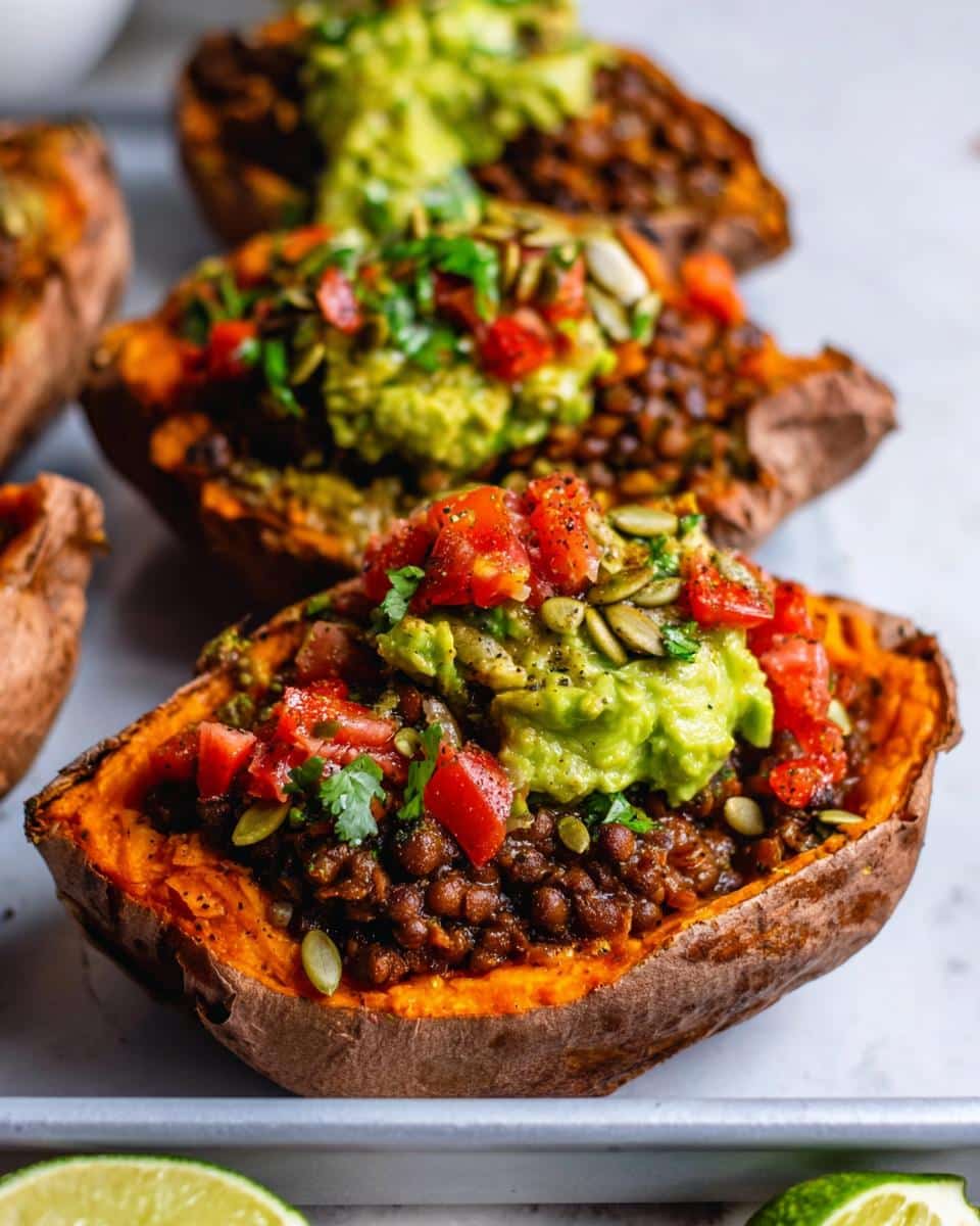Close-up of a High Protein Lentil Stuffed Sweet Potato topped with guacamole, diced tomatoes, and pumpkin seeds.