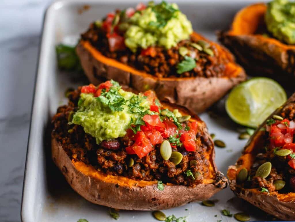 Close-up of baked sweet potatoes stuffed with a savory lentil mixture, topped with guacamole and salsa, perfect for a High Protein Lentil Stuffed Sweet Potato.