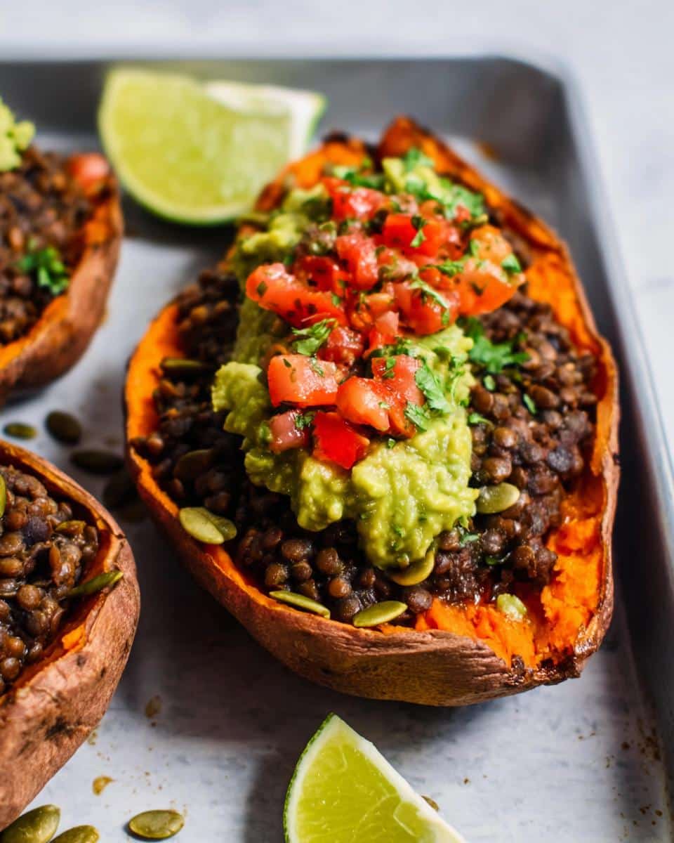 Close-up of a High Protein Lentil Stuffed Sweet Potato topped with guacamole and salsa.