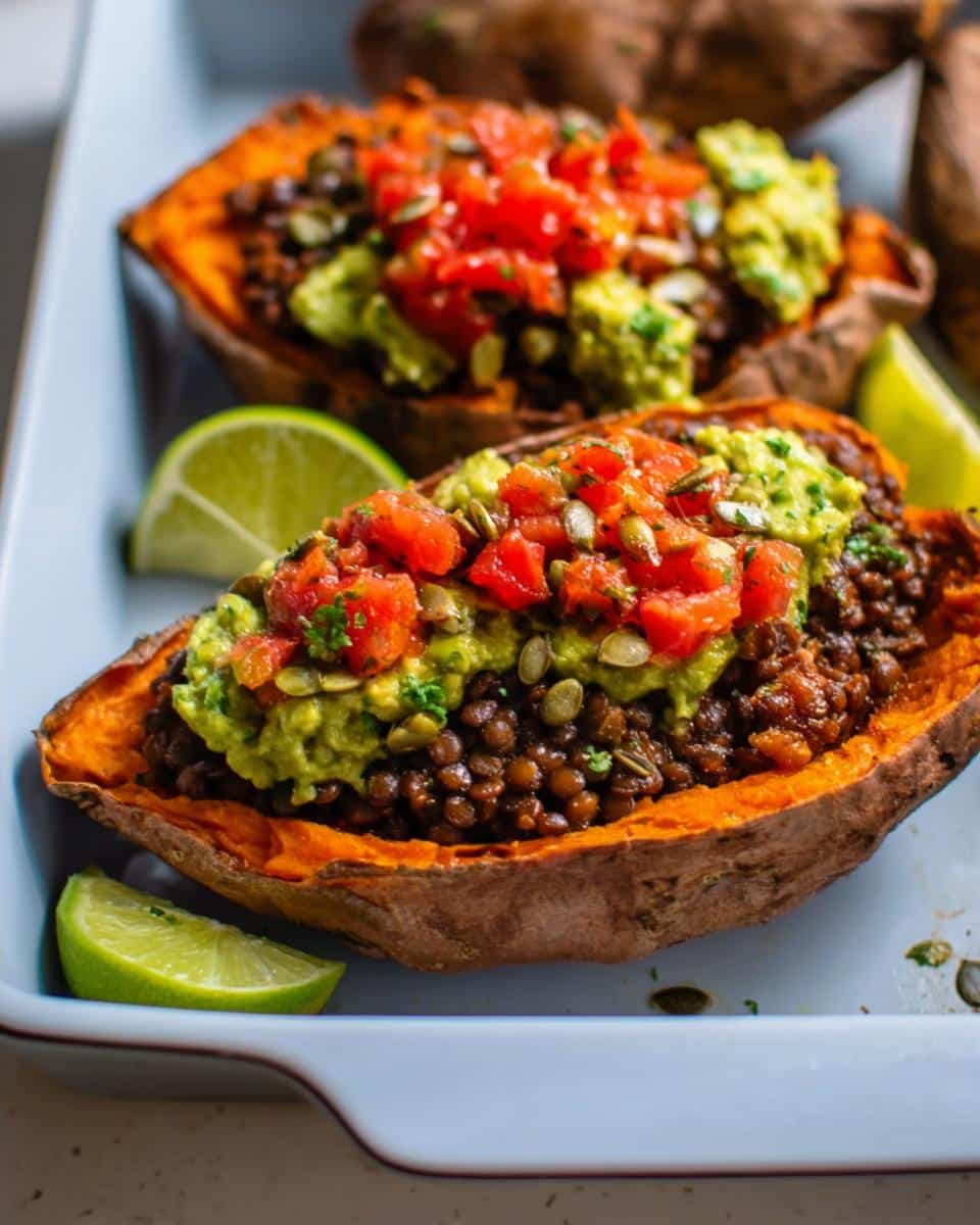 A baked sweet potato stuffed with seasoned lentils, topped with guacamole, salsa, and pumpkin seeds. This is a High Protein Lentil Stuffed Sweet Potato.