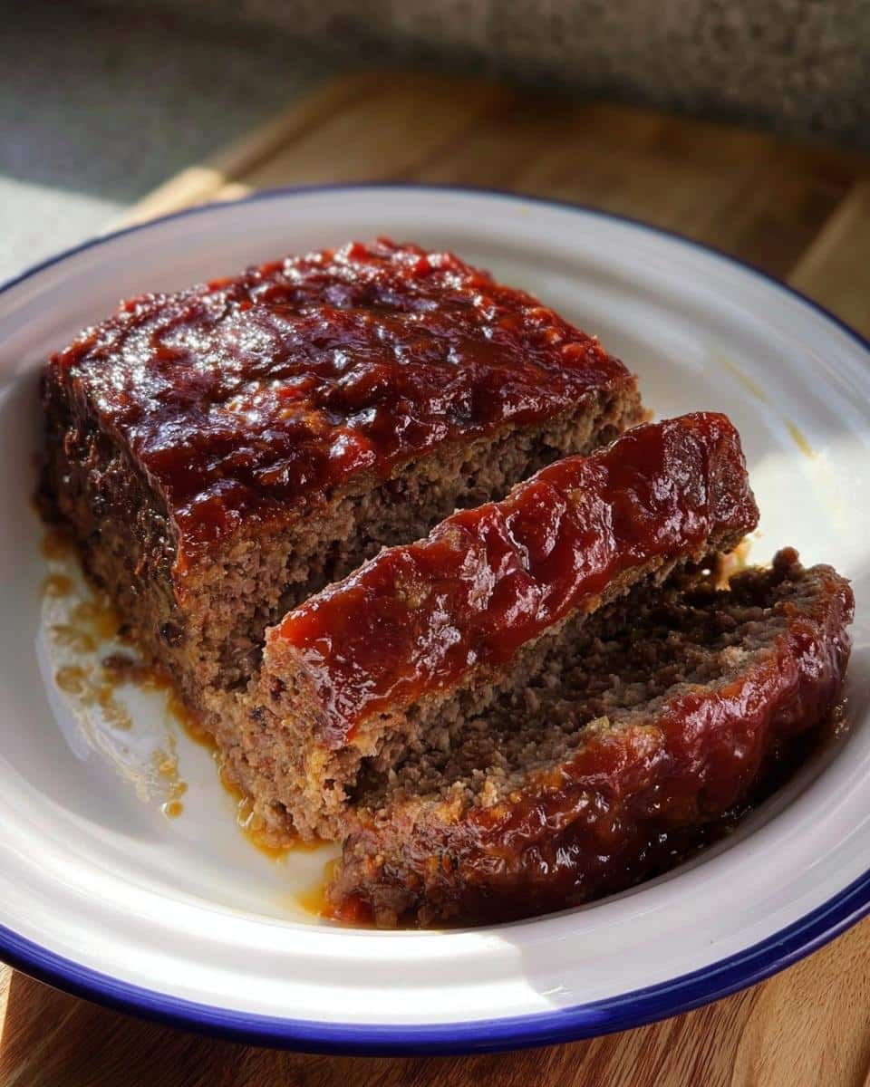 A close-up of Homestyle Meatloaf with Glaze, sliced and served on a white plate with a blue rim.