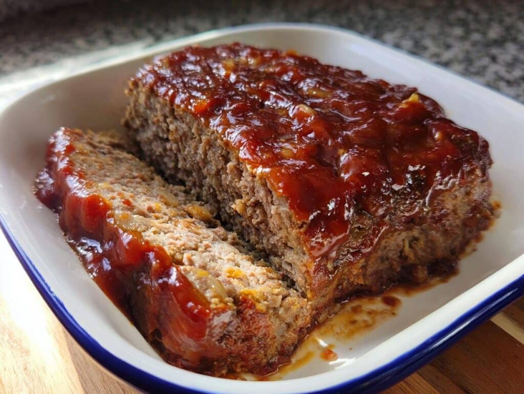 A freshly baked Homestyle Meatloaf with Glaze, partially sliced, sitting in a white and blue rimmed baking dish.