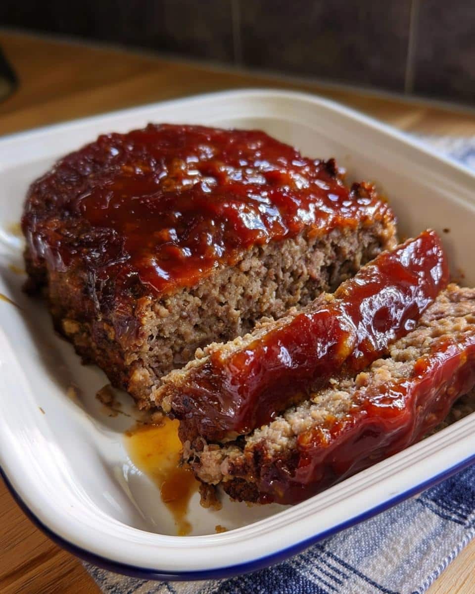 A close-up of Homestyle Meatloaf with Glaze, sliced in a white baking dish with blue trim.