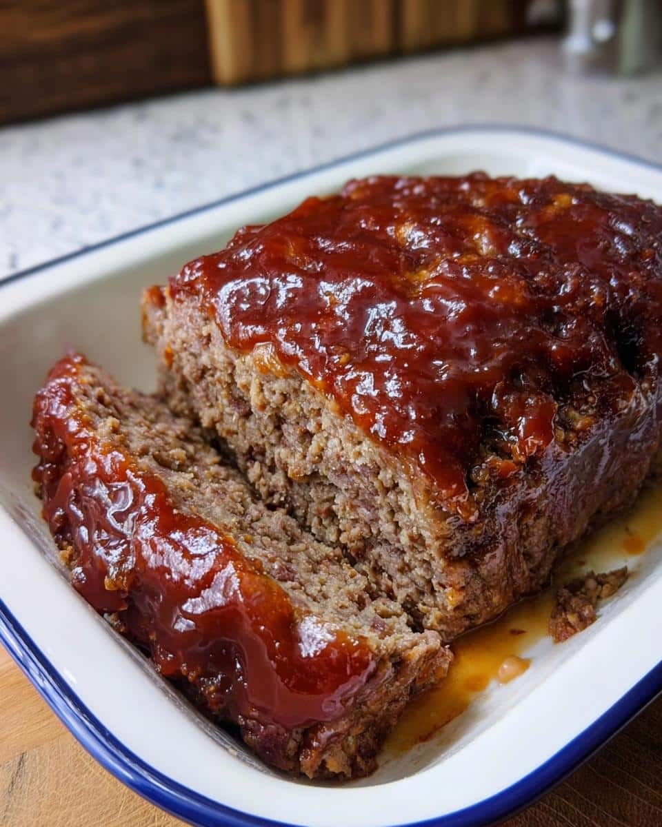 A close-up of Homestyle Meatloaf with Glaze, showing a thick slice cut and resting in a white enamel baking dish.