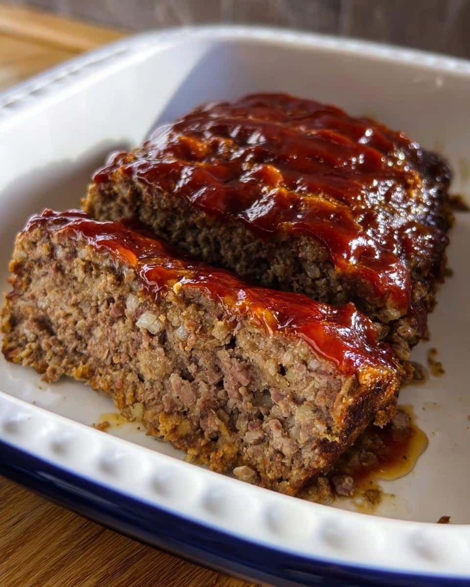 Two thick slices of Homestyle Meatloaf with Glaze showing the moist interior texture in a white baking dish.