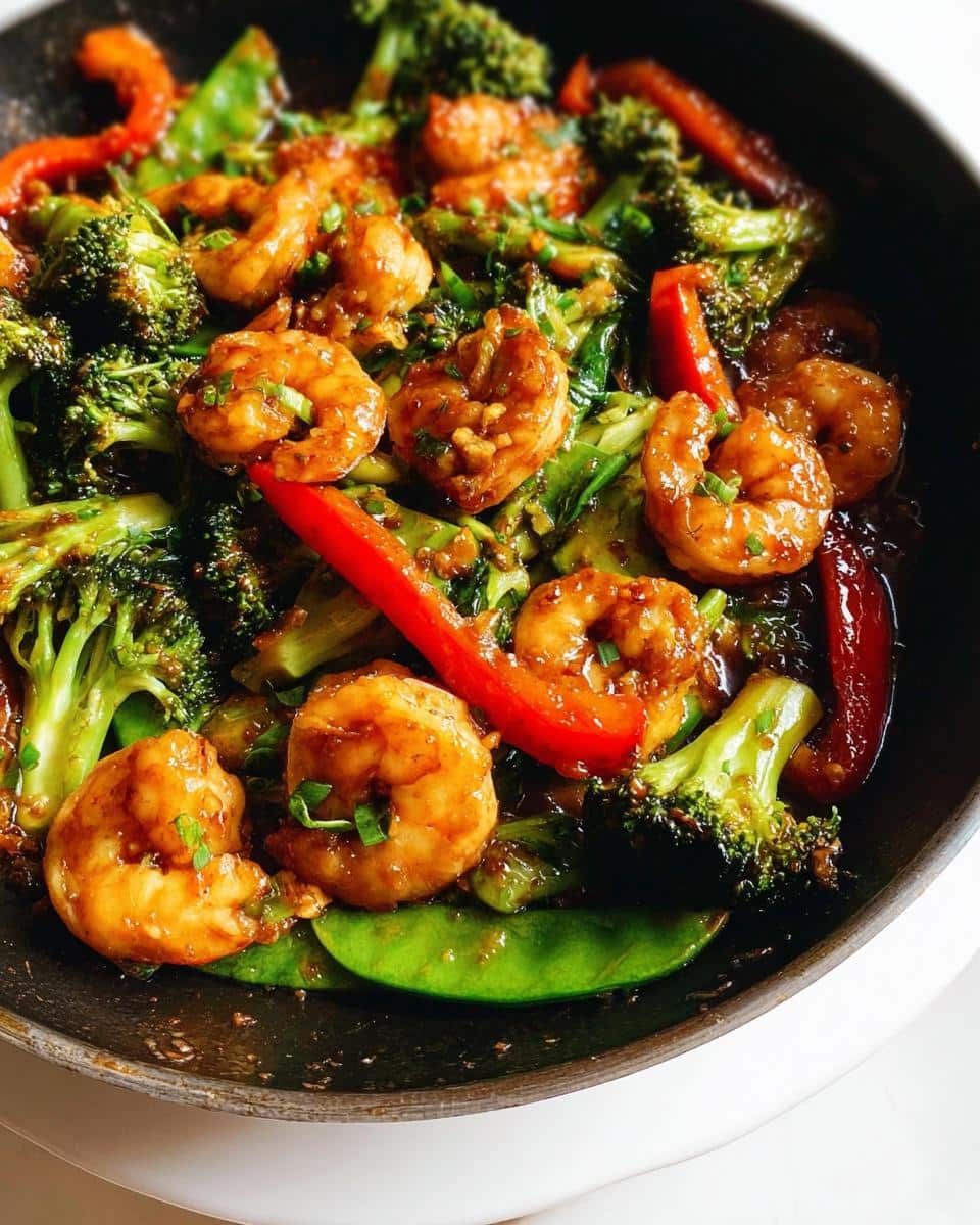 Close-up of glistening shrimp coated in sauce, mixed with broccoli, red peppers, and snow peas in a Honey Garlic Shrimp Stir-Fry.