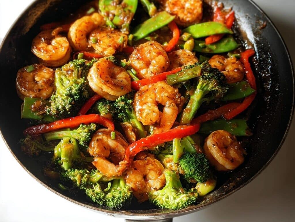 Close-up of Honey Garlic Shrimp Stir-Fry with broccoli, red peppers, and snow peas coated in sauce.