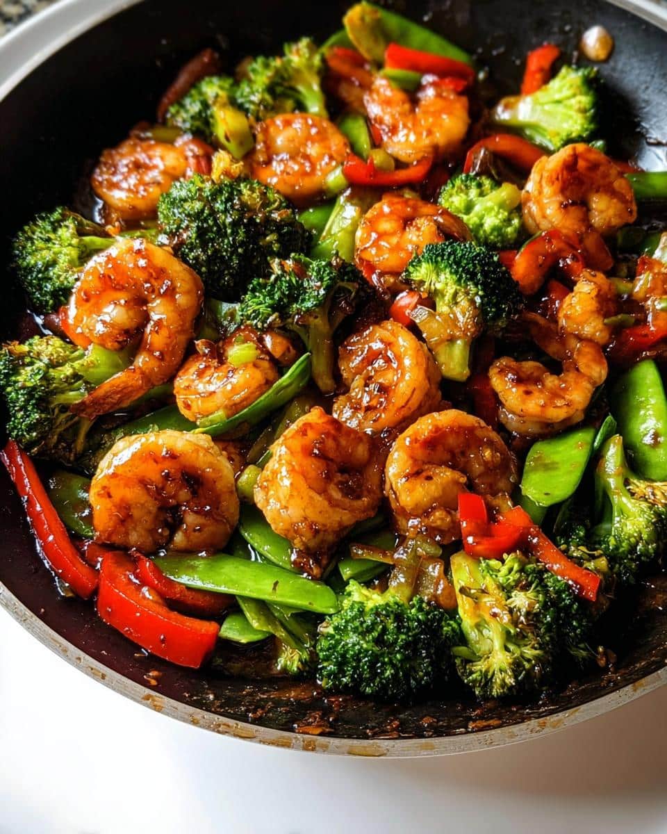 Close-up of Honey Garlic Shrimp Stir-Fry with broccoli, snow peas, and red peppers in a dark sauce.