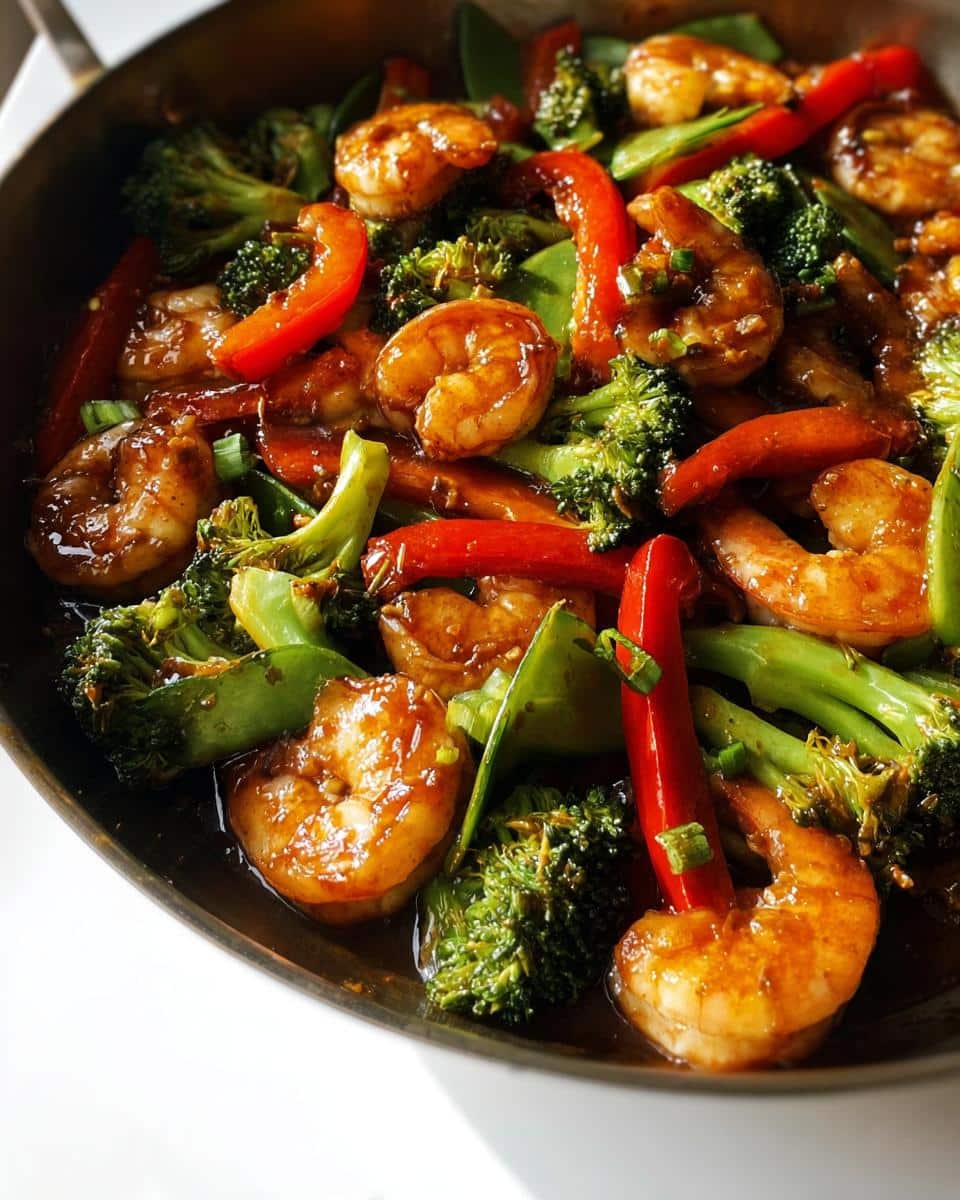 Close-up of glossy Honey Garlic Shrimp Stir-Fry featuring plump shrimp, bright green broccoli, and red pepper strips in a dark sauce.
