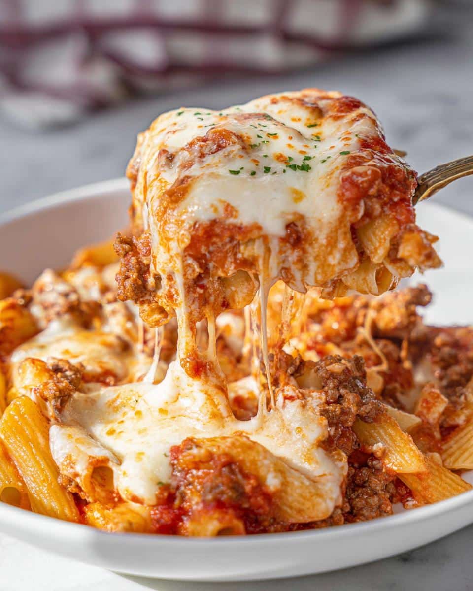 A serving spoon lifts a portion of Italian Ground Beef Marinara Pasta Bake showing extreme cheese pull.