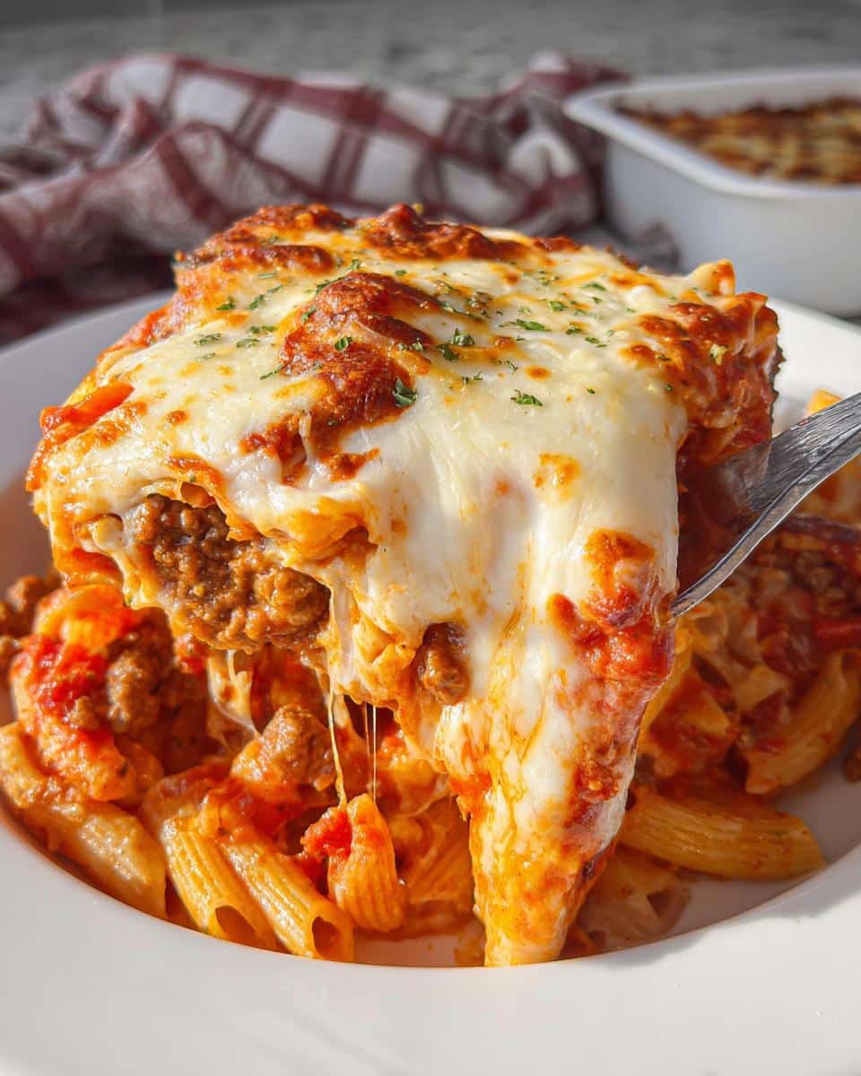 A fork lifts a cheesy, saucy portion of Italian Ground Beef Marinara Pasta Bake from a white plate.