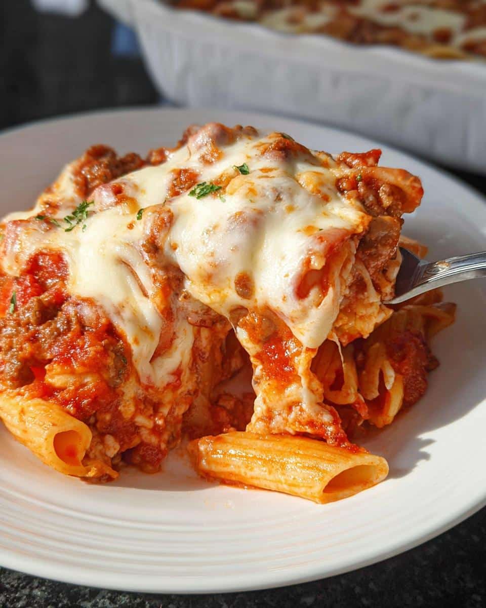 A serving of Italian Ground Beef Marinara Pasta Bake with melted, stretchy mozzarella cheese being lifted by a fork.