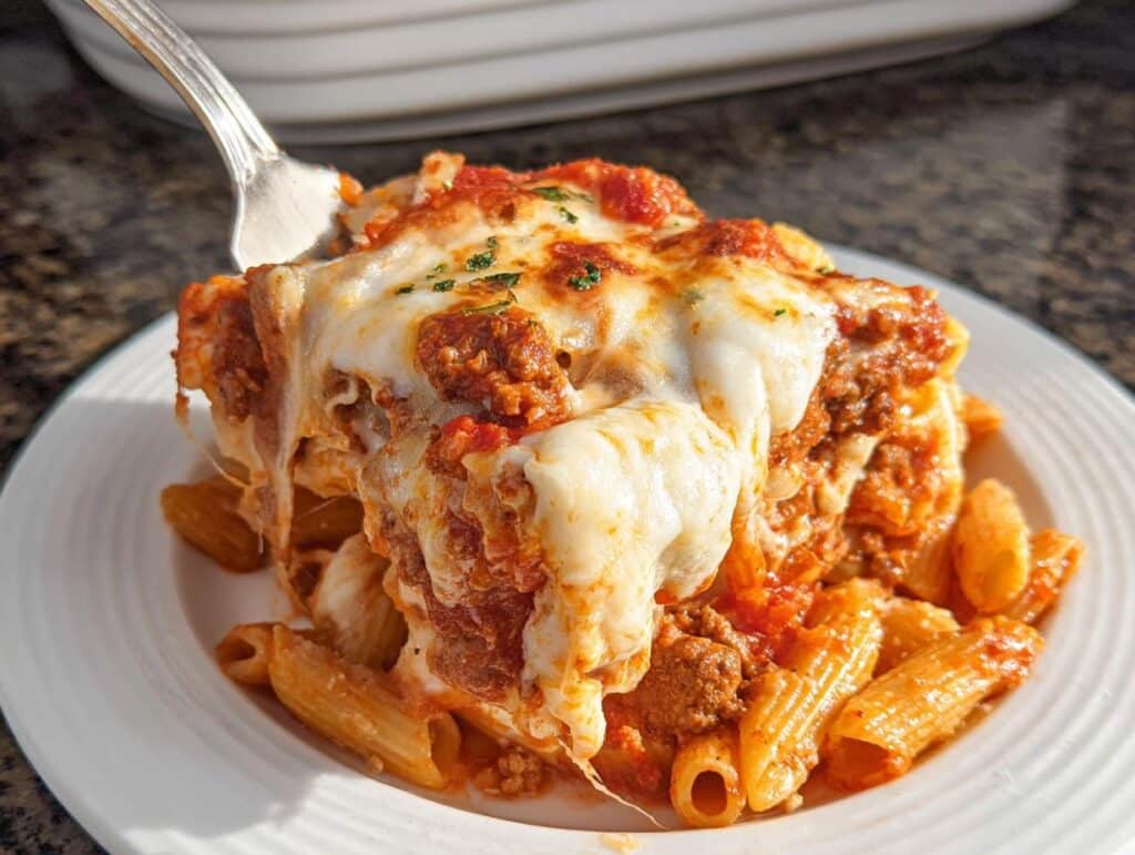 A fork lifts a cheesy, saucy serving of Italian Ground Beef Marinara Pasta Bake from a white plate.