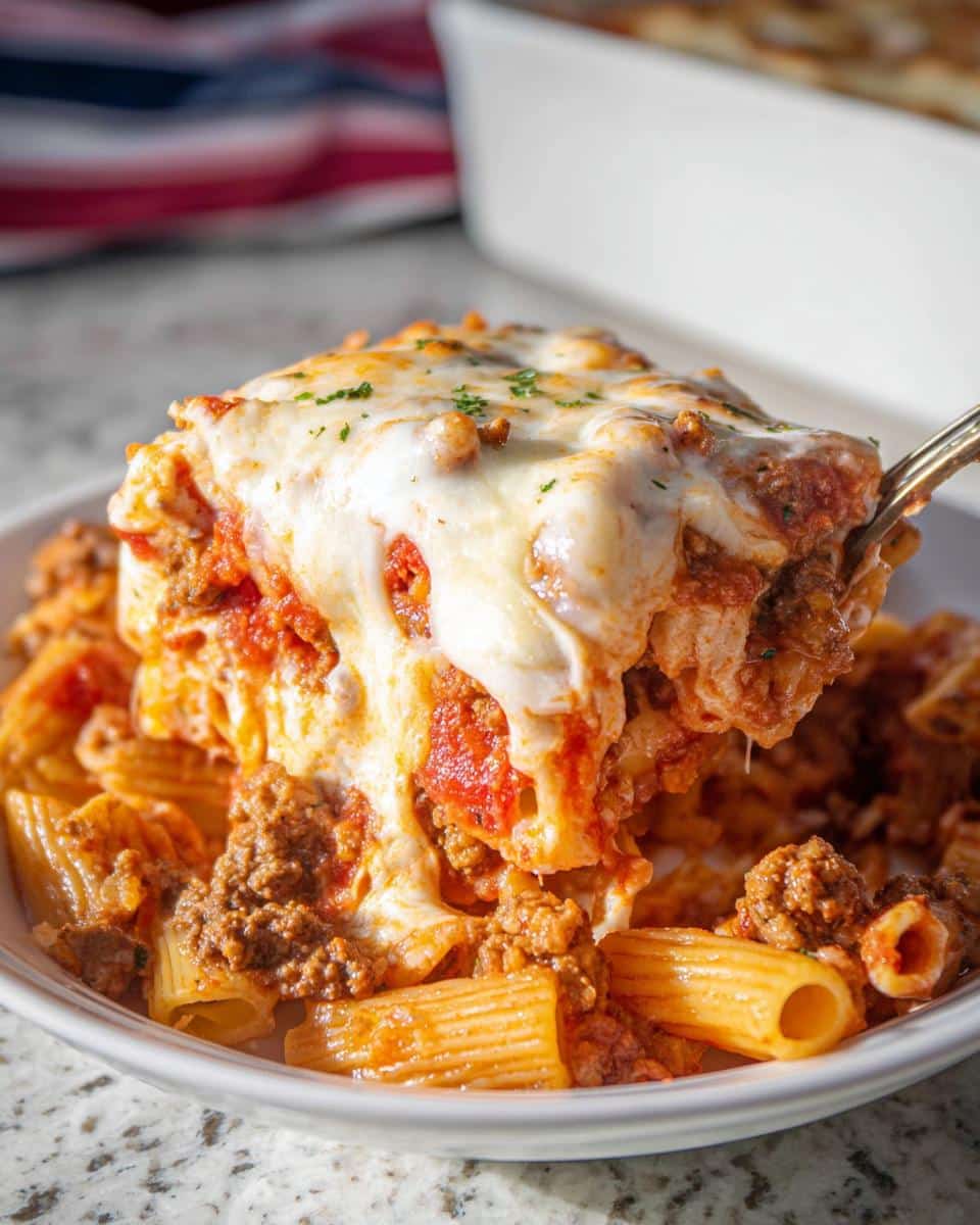 A serving spoon lifts a cheesy slice of Italian Ground Beef Marinara Pasta Bake from a bowl.