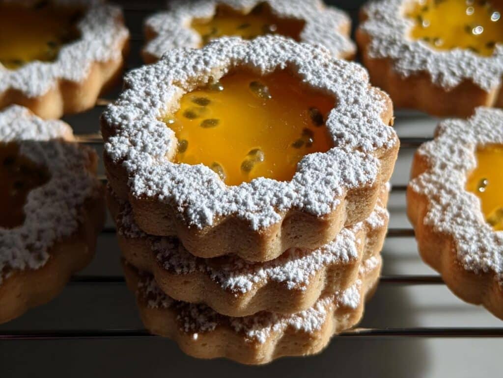 A stack of three Jam-Filled Linzer-Style Cookies dusted with powdered sugar, featuring bright yellow passion fruit filling.
